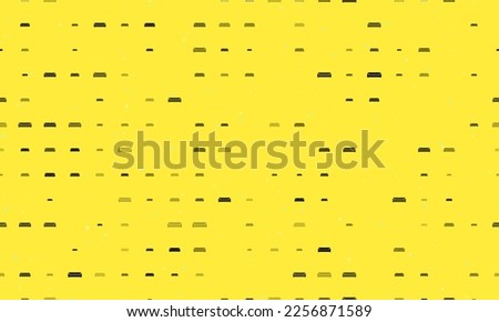 Seamless background pattern of evenly spaced black sofa symbols of different sizes and opacity. Vector illustration on yellow background with stars