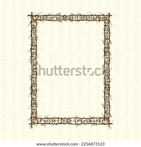 Rectangle form tree wooden frame with different viking runes inide. Old Scandinavian background and frame design Royalty-Free Stock Photo #2256873123
