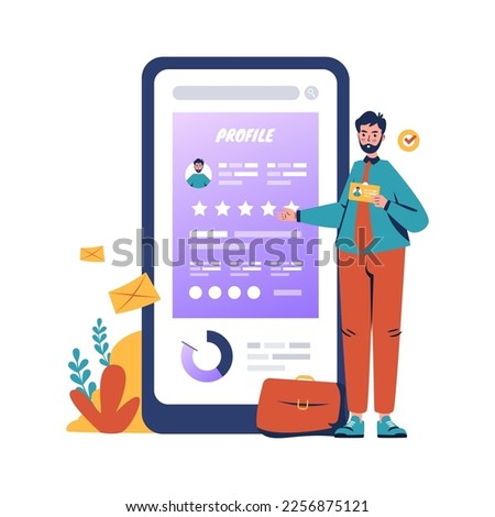 Flat design of a man making online portfolio profile for job searching concept