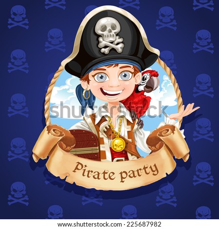 Cute boy pirate with red parrot. Banner for Pirate party Royalty-Free Stock Photo #225687982