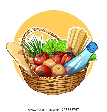 Wicker basket with food. Vector clip-art illustration on a white background.