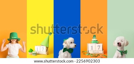 Festive collage for St. Patrick's Day celebration with little girl, calendar and cute dog Royalty-Free Stock Photo #2256902303
