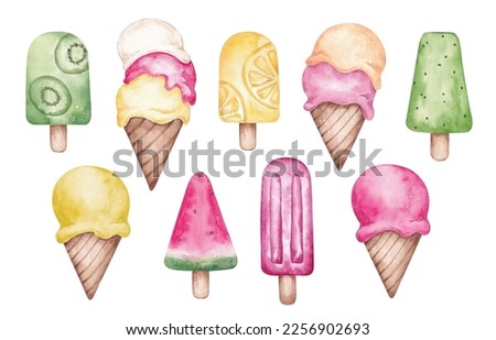 Ice cream set hand drawn by watercolor. Isolated on white background. Bright summer design