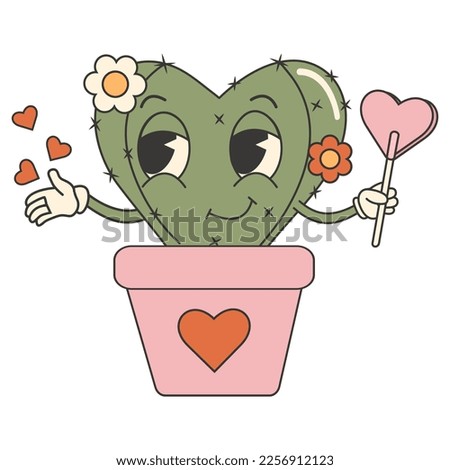 Retro groovy valentines day sticker. Cute cactus сharacter. 70s 60s cartoon aesthetics