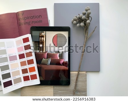 Creative set of tablet, color palette  material sample on table top background for architects  interior designers Royalty-Free Stock Photo #2256916383
