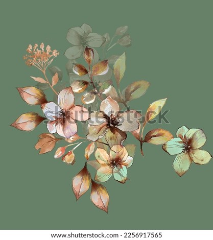 Water color hand drawn flower bunch with leaves stock illustration for print. Royalty-Free Stock Photo #2256917565