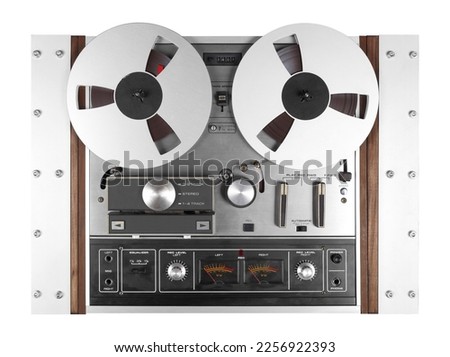 Vintage Music and sound - Retro reel to reel rack tapes recorder isolated white background. Royalty-Free Stock Photo #2256922393