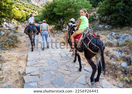 Girl riding a donkey to visit Cave of Diktaion Andron. Tourists visitingfamous cave Diktaion Andron, the birthplace of god Zeus in Lasithi plateau,Crete, Greece with a traditional donkey. Royalty-Free Stock Photo #2256926441
