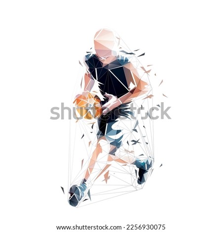 Basketball player with ball, low polygonal isolated vector illustration. Geometric basketball logo from triangles, front view Royalty-Free Stock Photo #2256930075