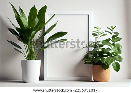 Mockup of a wooden frame in a white, basic setting, trendy scene with green plant, ideal for displaying artwork, photos, images