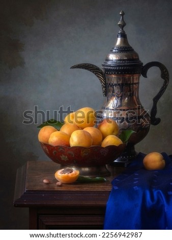 Still life with copper vase with apricots