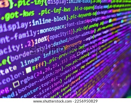 Programming code on computer monitor. Code on dark background. Abstract technology background. Young business crew working with startup. Hacker background. Website development. Computer code data