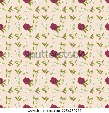 Floral pattern with red rose and flowers and branches of oranges on a light peach background, digital freehand drawing.
