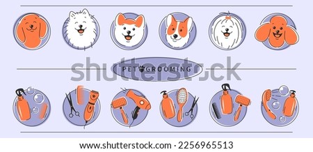 Pet grooming icons set. Different dogs and tools for animal hair grooming, haircuts, bathing, hygiene. Dog care. Vector illustration.