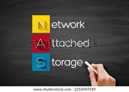 NAS Network Attached Storage, technology business concept on blackboard