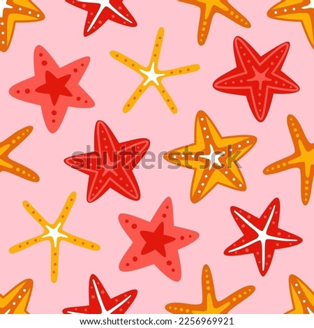 Vector seamless pattern with starfish on a pink background. Summer sea print.
