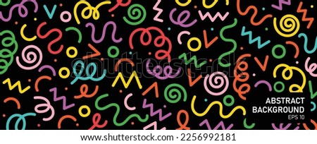 Fun colorful line doodle seamless pattern. Creative minimalist style art abstract background with bright cute elements. Simple childish scribble wallpaper print. Colorful swirls, circles, lines.