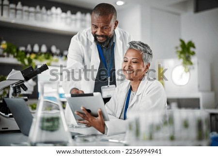 Teamwork, people or tablet in biology laboratory, science collaboration or mature medical research of engineering. Happy scientist, technology or green plant sustainability for growth innovation agro Royalty-Free Stock Photo #2256994941