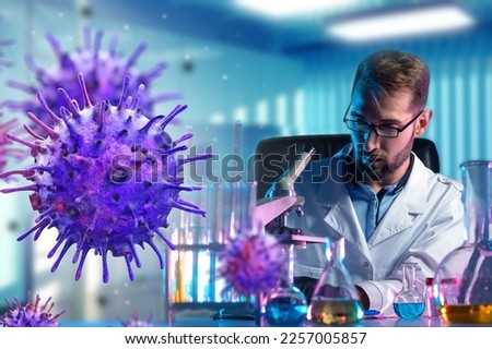Man biologist studies bacteria. Molecules dangerous virus near scientist. Research pathogenic viruses in laboratory. Virologist at table with flasks and microscope. Pathogenic viruses near biologist Royalty-Free Stock Photo #2257005857