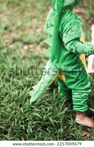 outdoor birthday party for small children wearing a very cute dinosaur costume. with a dinosaur themed birthday cake. under a big tree