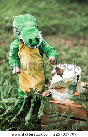 outdoor birthday party for small children wearing a very cute dinosaur costume. Little boy cutting a dinosaur themed birthday cake. under a big tree
