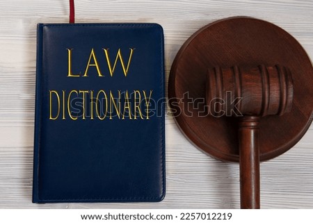 LAW DICTIONARY - words on a dark blue book on a light wooden background with a judge's hammer on the stand