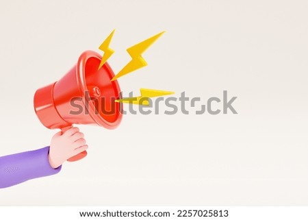 Cartoon hand holding megaphone isolated on white background. 3D rendering 