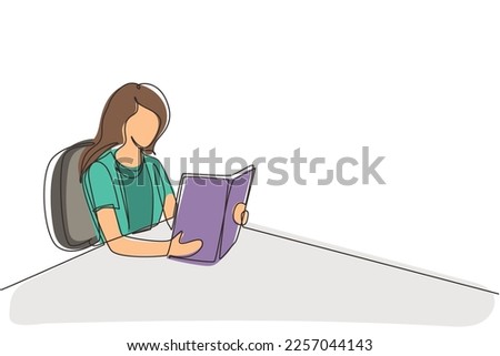 Single one line drawing girl student sitting at table and holding book in hands. Female reading a book. Young woman reading book and preparing for exam. Continuous line draw design vector illustration