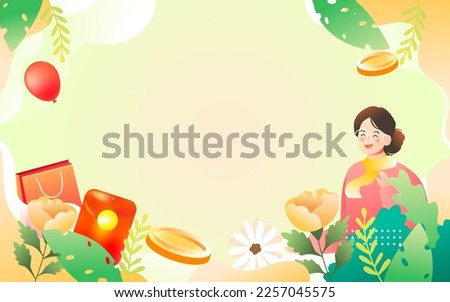 People shopping in spring with flowers and trees in the background, vector illustration