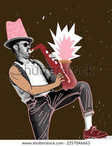 Black and white portrait of young stylish man expressively playing drawn saxophone over dark brown background. Concept of creativity, retro style, music. Copy space for ad, poster