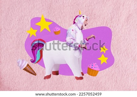 Collage picture of excited positive grandfather unicorn dream sweet ice cream cake isolated on painted background