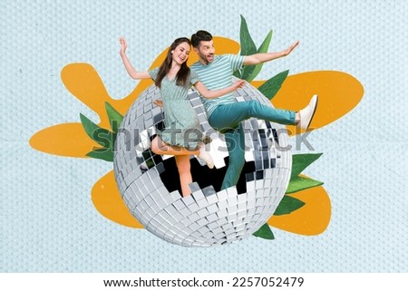 Creative collage picture of two excited positive people have fun dancing clubbing big disco ball isolated on painted background