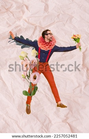 Creative poster collage of funny funky husband guy hold flowers bouquet give 8 march honeymoon holiday