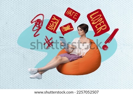 Collage photo image of concentrated social media user lady tablet reading bad comments from youtube followers isolated on painted background Royalty-Free Stock Photo #2257052507