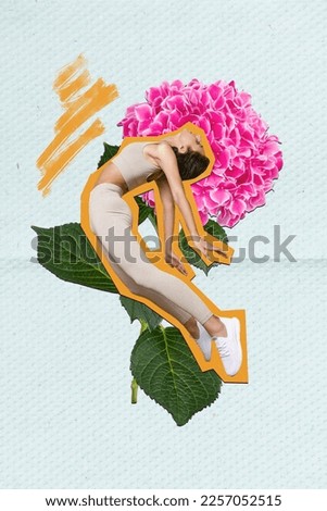Photo collage artwork minimal picture of excited sporty lady jumping high enjoying flowers isolated drawing background