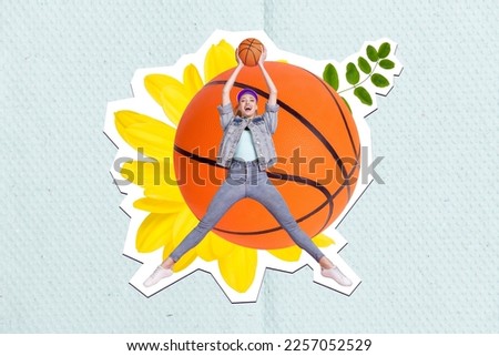 Collage artwork graphics picture of excited funky lady playing basketball jumping high isolated painting background