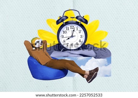 Composite collage oversleeping funny headless absurd sloth mask guy chill bean bag near big timer alarm deadline isolated on painting background