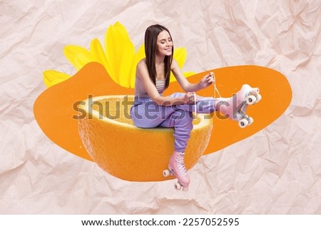 3d retro abstract creative collage artwork template of smiling lady sitting citrus tieing skates isolated painting background