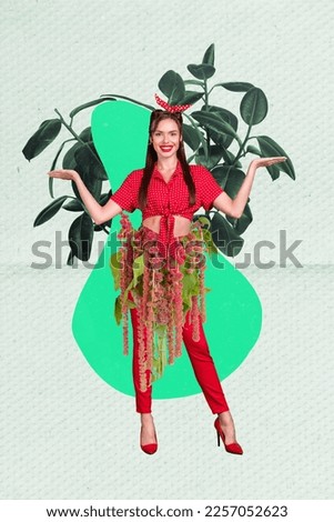 Photo collage cartoon comics sketch picture of happy smiling lady house plants queen isolated drawing background