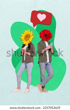 Collage photo of couple headless users sunflower red gerbera together gadgets chatting love notification heart isolated on blue color background