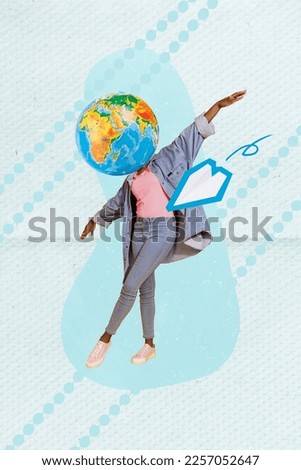 Banner creative collage of funky lady with earth face flying like jet plan global airline concept