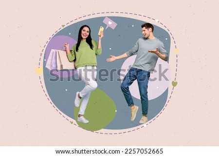 Photo art designed collage advertisement of young funny couple boyfriend celebrate with girlfriend eshopping gifts isolated on beige background