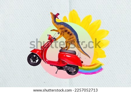 Creative funny collage of advert kids playing game fantasy story dino drive fast motor bike under flower sun rays