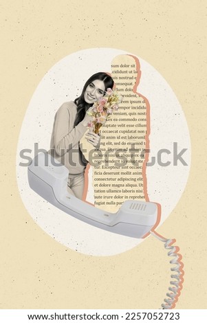 Collage photo of young lovely girl hugs comfort her abstract book story personage future boyfriend retro cable phone isolated on beige background