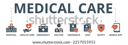 Medical care banner web icon vector illustration concept with icon of hospital, health care, emergency, doctor, insurance, cost, safety, mobile app