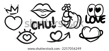 Set of spray paint valentine element vector. Hand drawn graffiti texture style collection of heart, crown, mouth, kiss, hand, arrow, calligraphy. Design for print, cartoon, card, decoration, sticker.