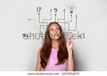 Pensive brunette woman with labyrinth above her head. Idea, brainstorming, business stratgy, thinking concept