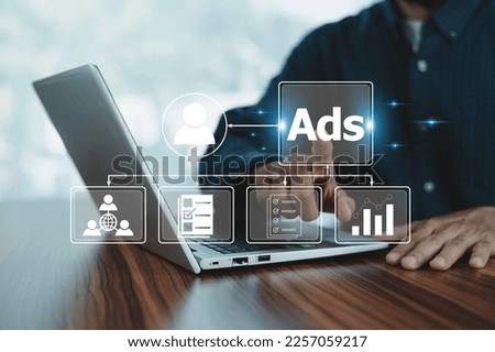 People using Ads for digital marketing concept, online advertisement, ad on website and social media for customer