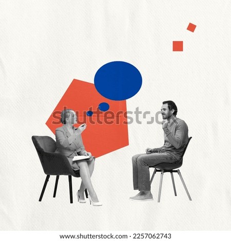 Support, care. Contemporary art collage about young man meeting with professional psychologist. Concept of modern millennial lifestyle, mental health, psychological help Royalty-Free Stock Photo #2257062743