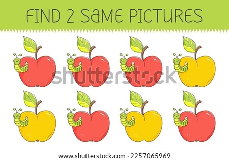 Find two same pictures is an educational game for kids with apple and caterpillar. Cute cartoon apple with worm. Vector illustration.